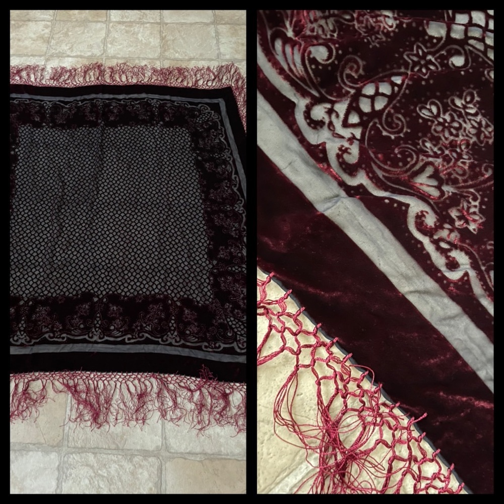 Vintage Asteria Burgandy Velvet Floral Elegant Square Rayon/ Silk Shawl